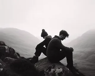 a couple of people sitting on top of a rock