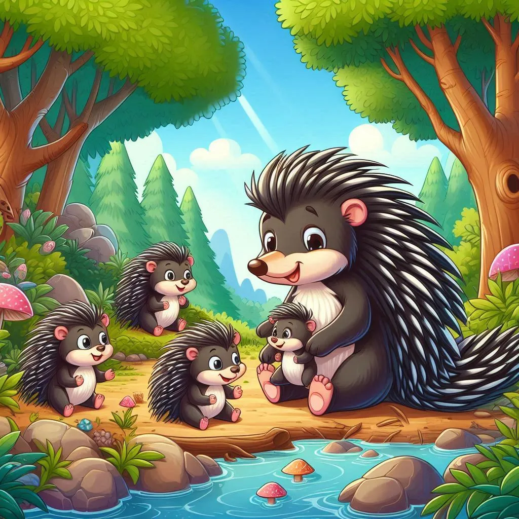 a mother porcupine with her babies in the forest