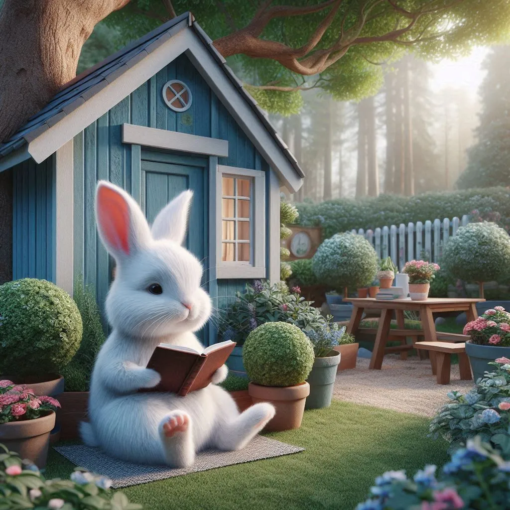 A white rabbit with teapot surrounded by books in a cozy garden corner with colorful floral blooms