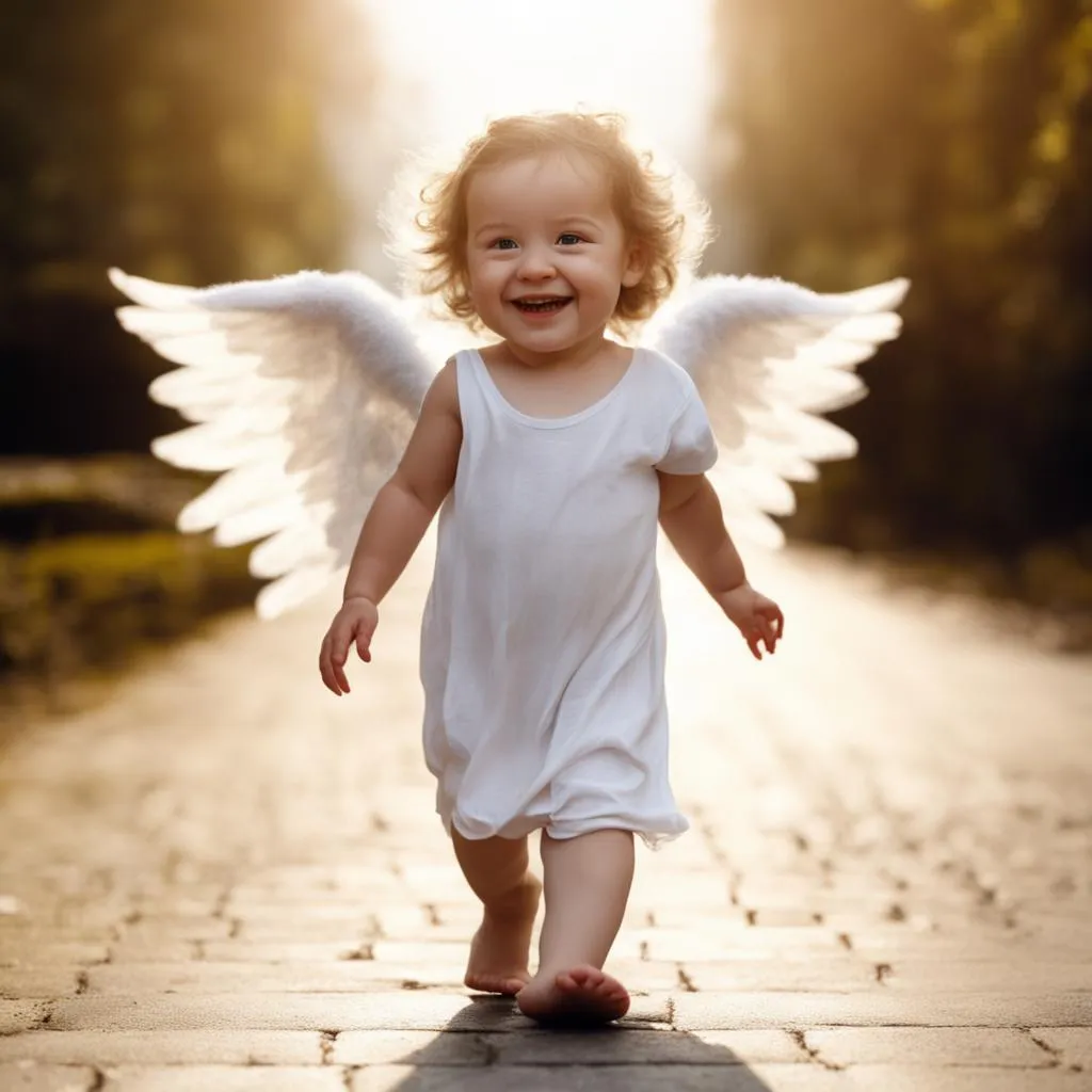 a little girl with angel wings walking down a street