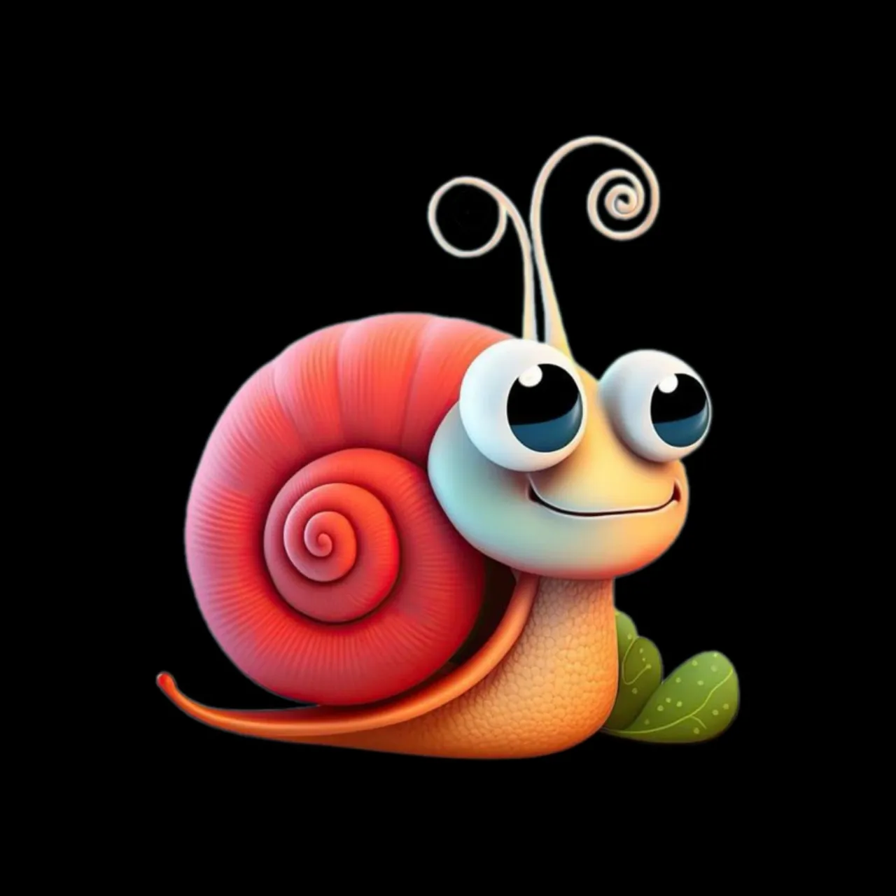 a snail with big eyes sitting on a black background