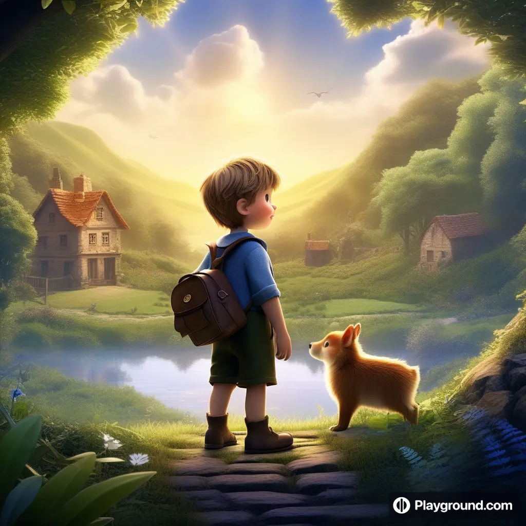 a boy with a backpack looking at a dog