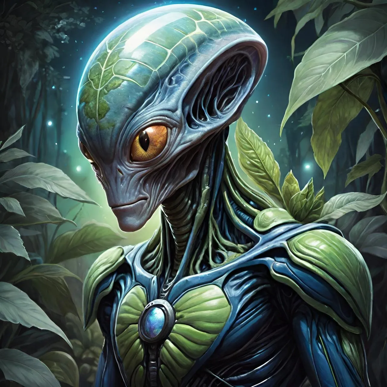 a painting of an alien in a forest