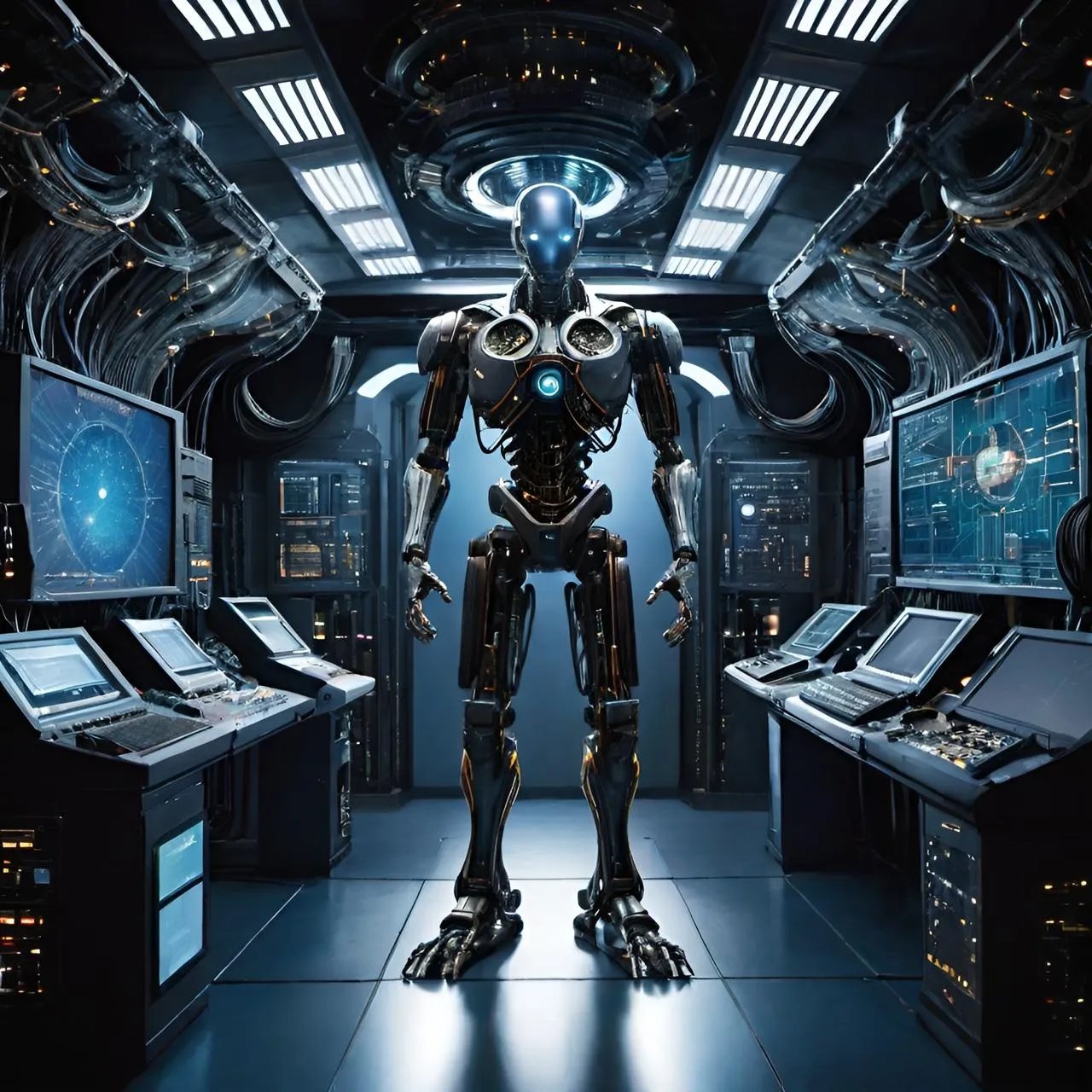 a robot standing in front of a bunch of computer monitors