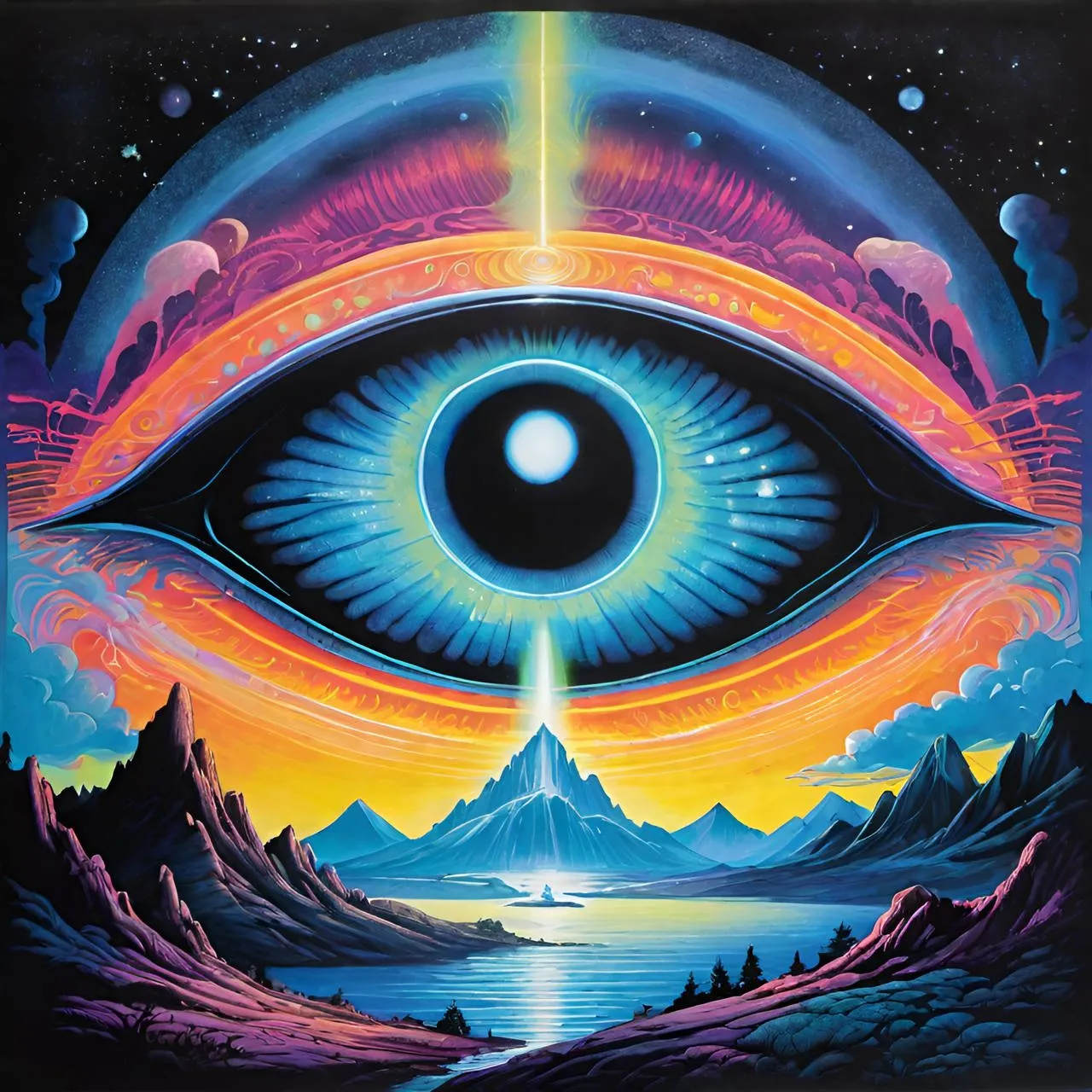 a painting of an eye in the sky