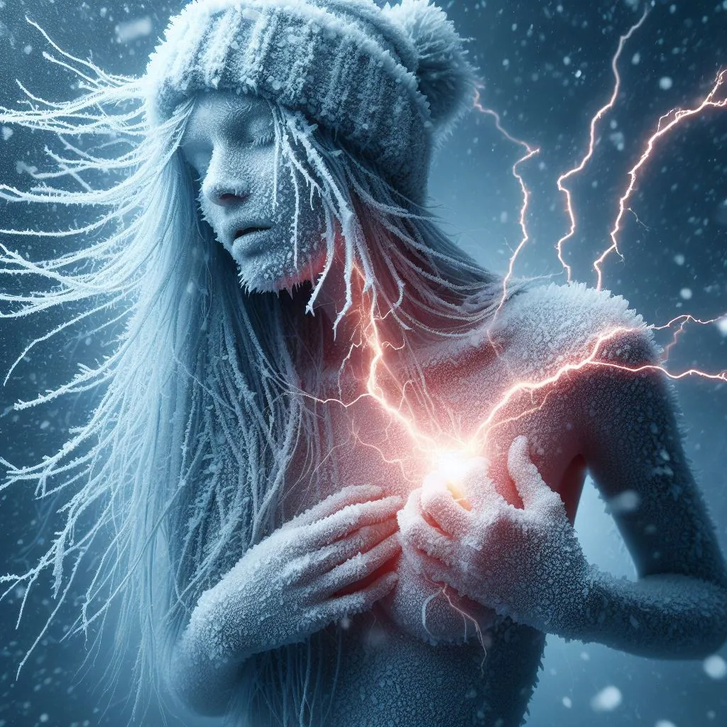 a woman with long hair wearing a hat and holding a lightning bolt