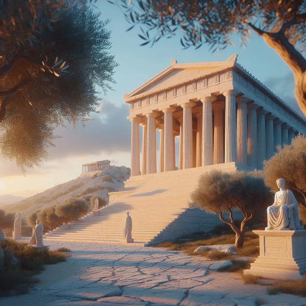 a painting of a greek temple with a statue in the foreground