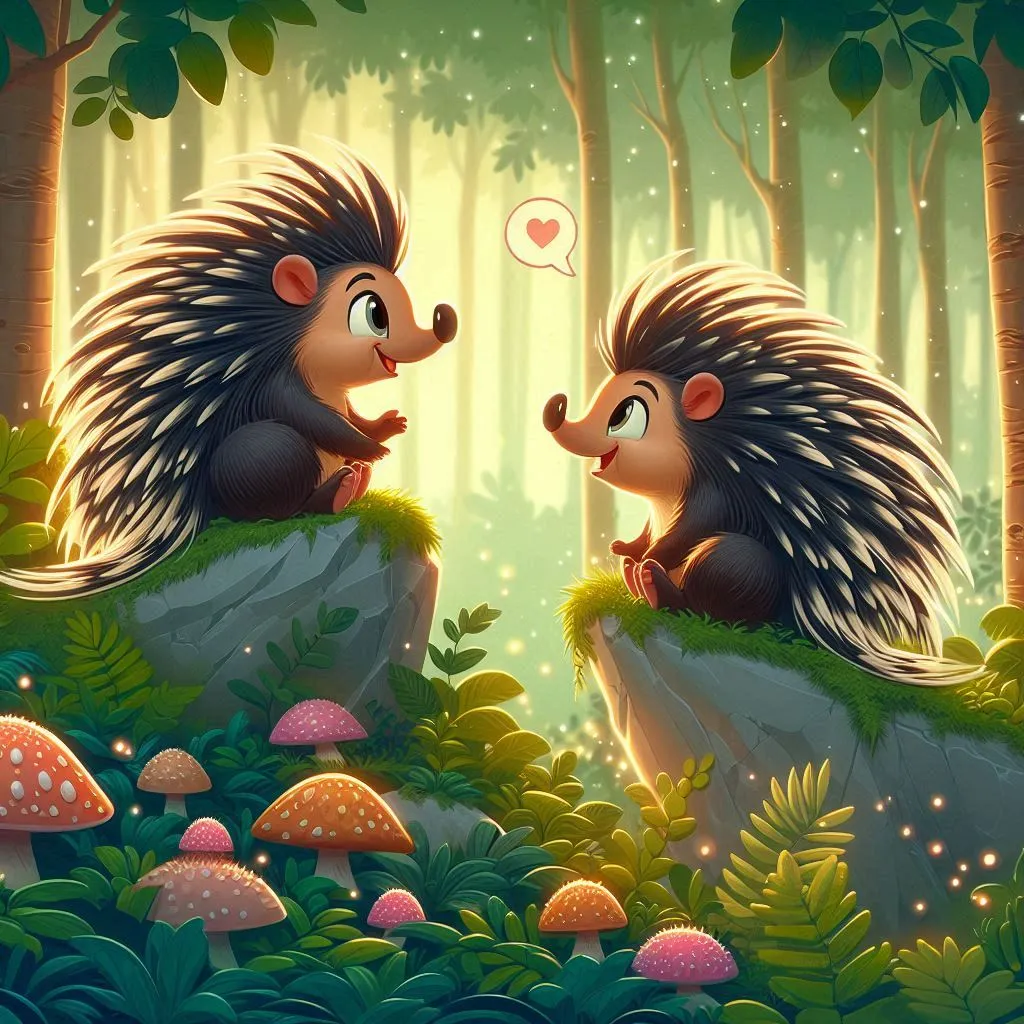 a couple of hedgehogs sitting on top of a lush green forest