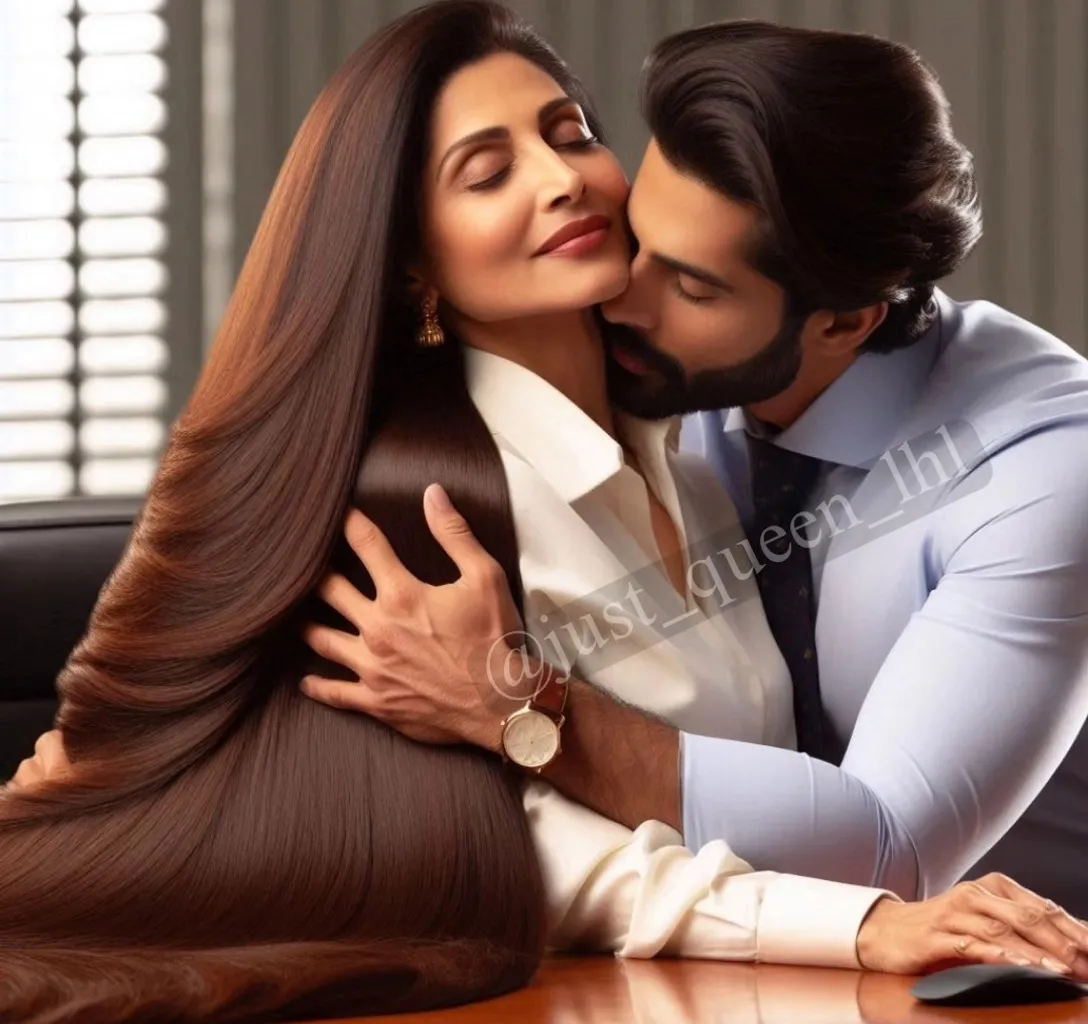 Kareena Kapoor with (((extreme long silky hair))) next to her husband