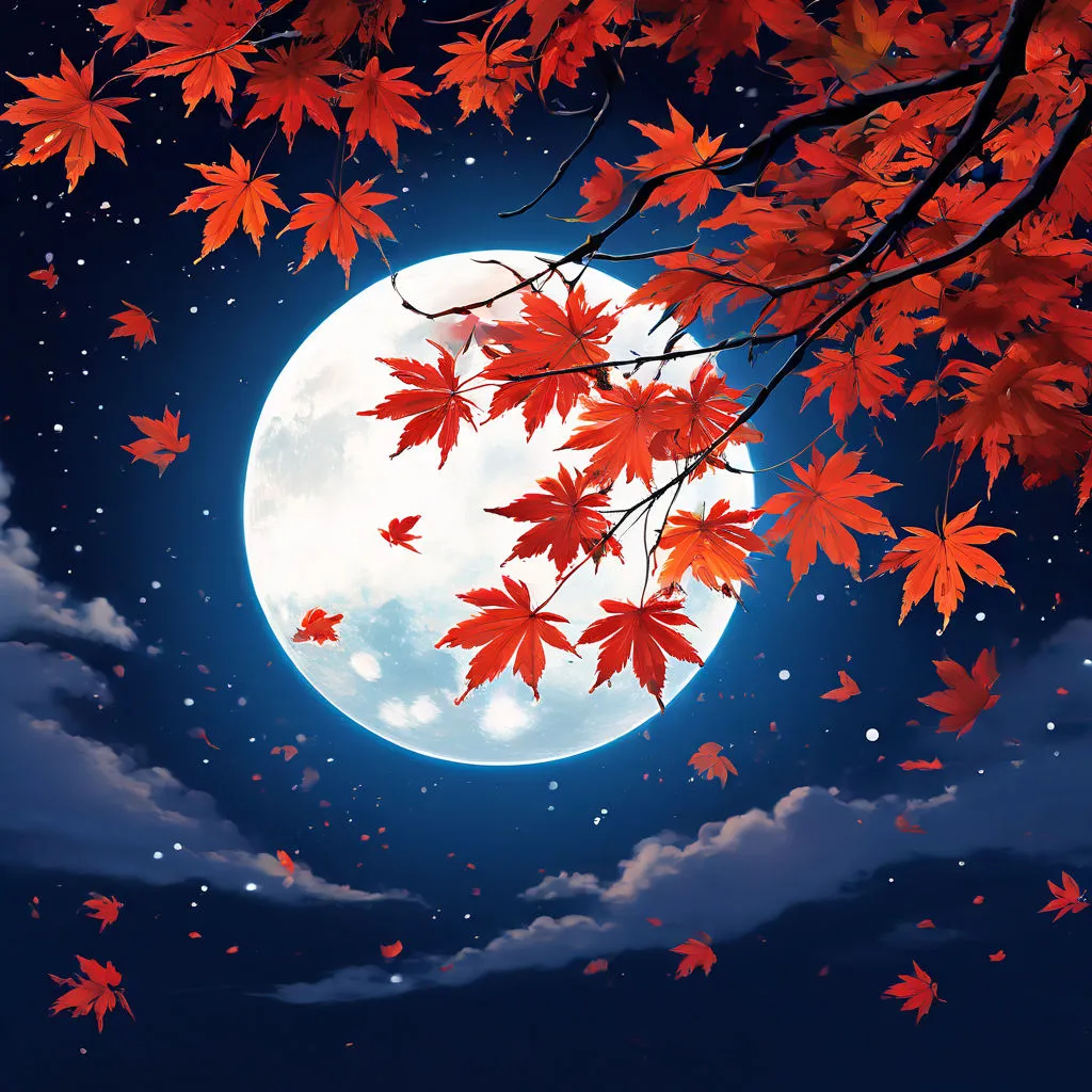 a full moon with red leaves in the foreground