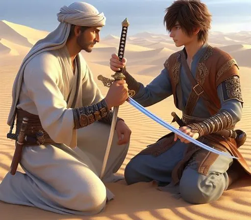 a man kneeling down next to another man holding a sword