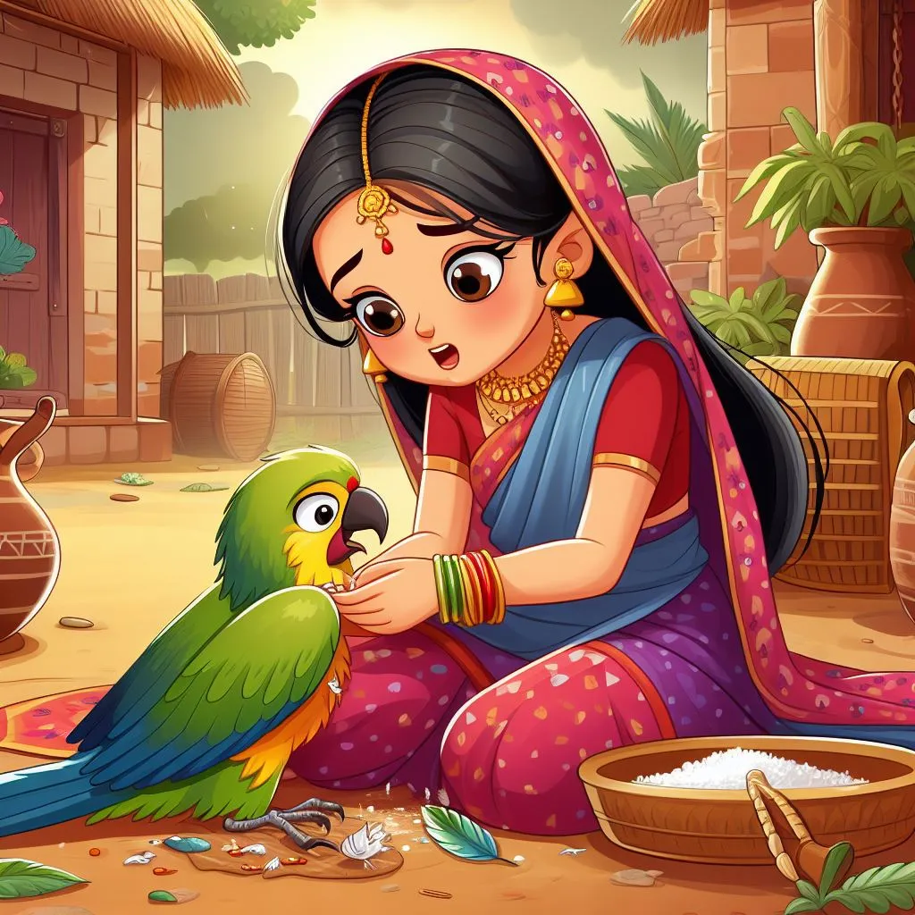 a girl sitting on the ground with a injured parrot