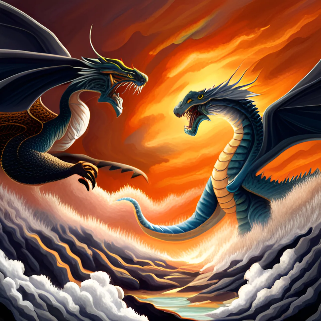 a painting of two dragon fighting over a body of water