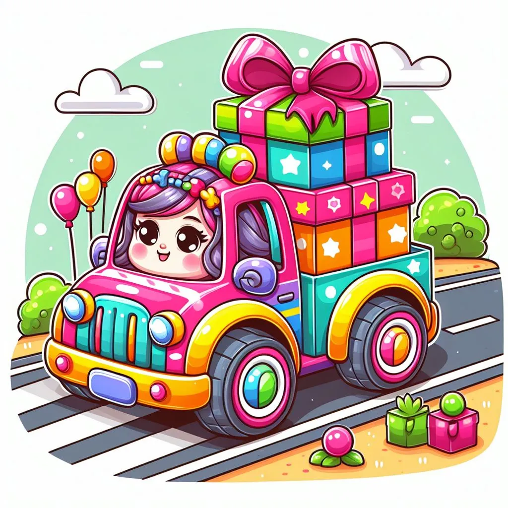 a cartoon girl driving a truck with gifts on the back