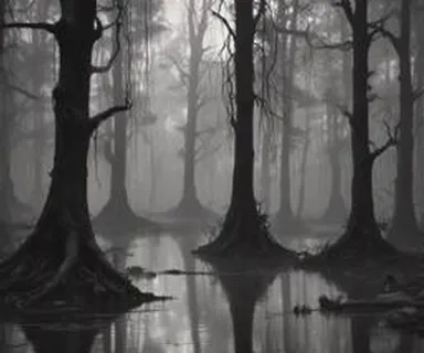 a black and white photo of a swamp