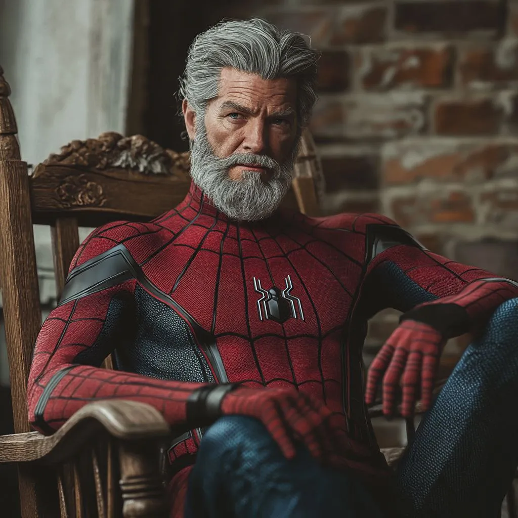 an old spiderman sitting at a the chear