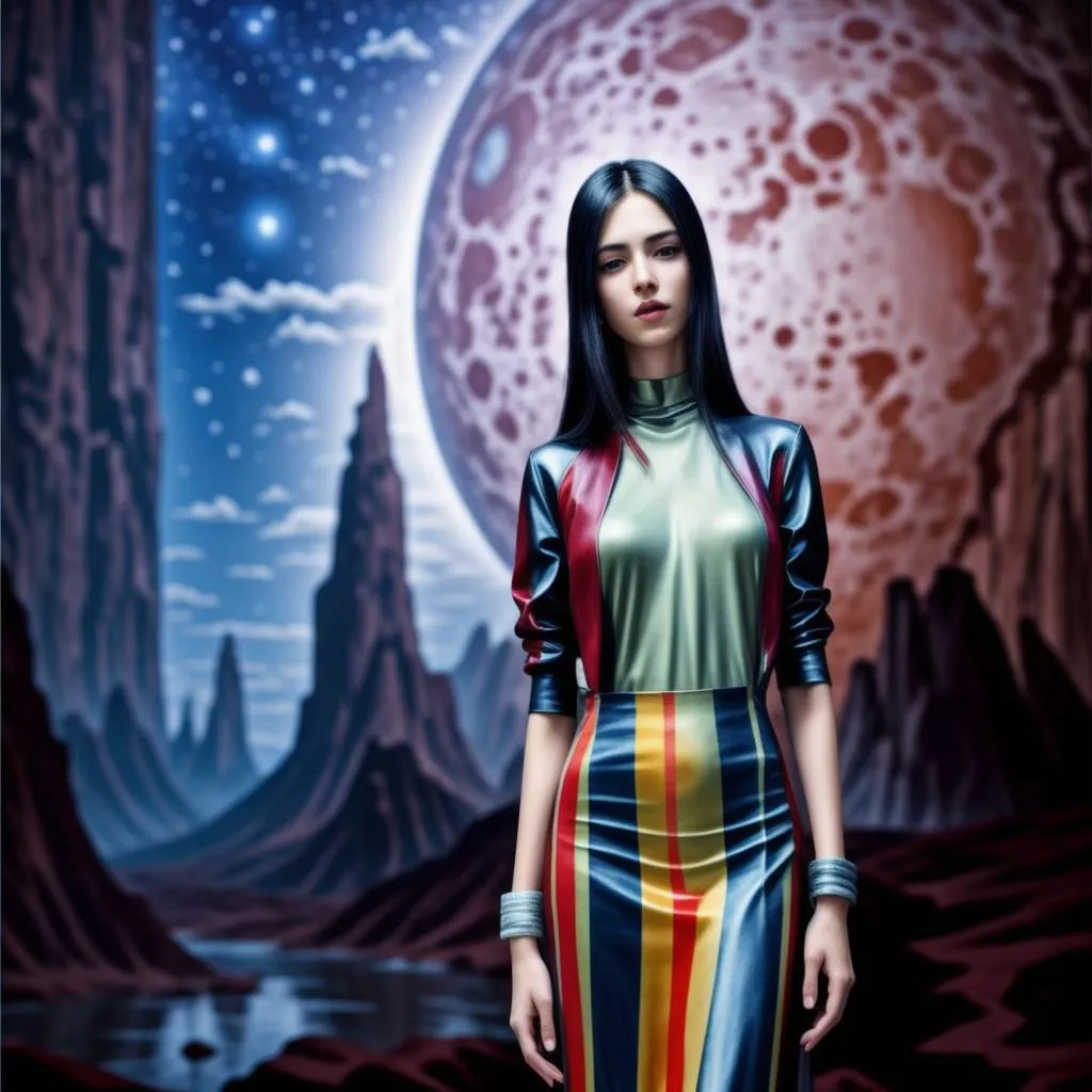 a woman standing in front of a painting of a planet