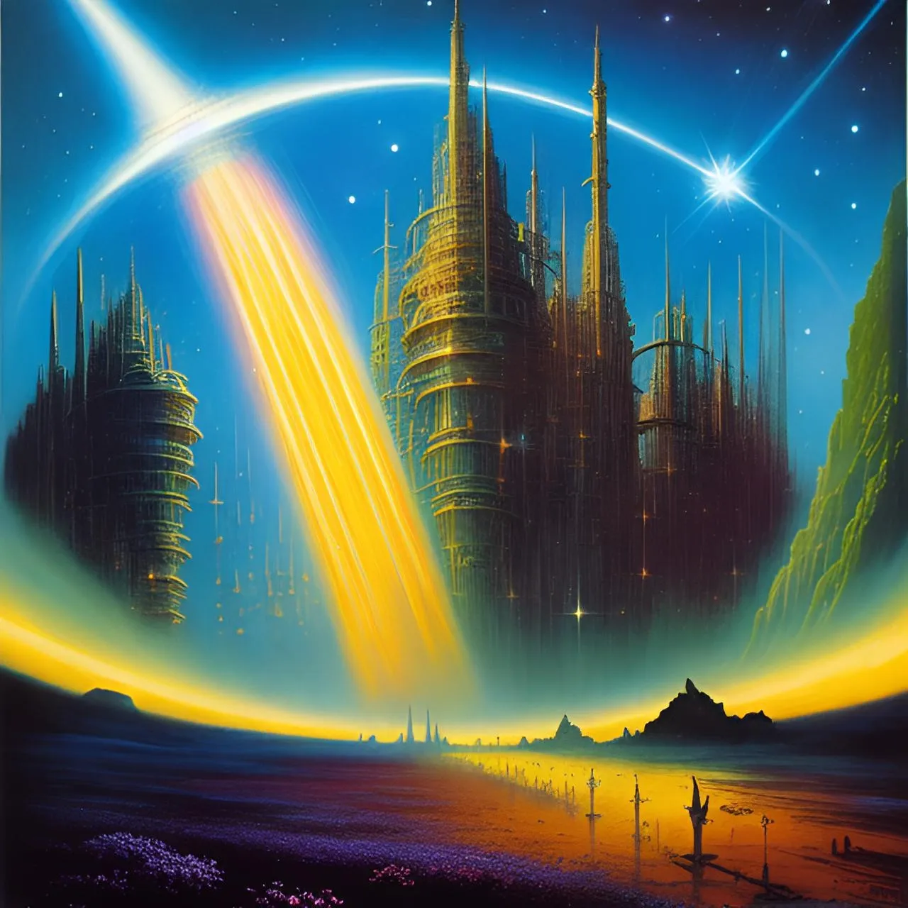 a painting of a futuristic city surrounded by stars