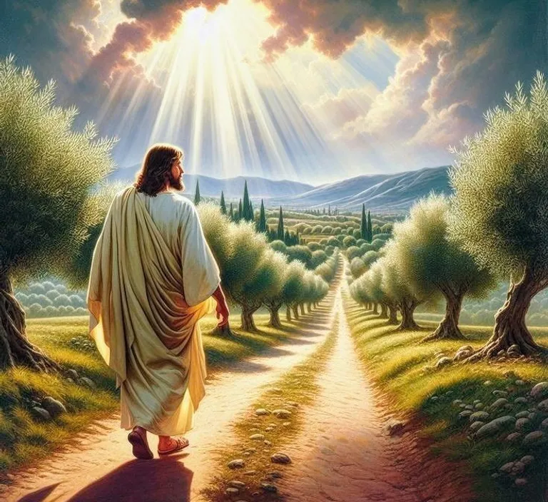 a painting of jesus walking down a dirt road