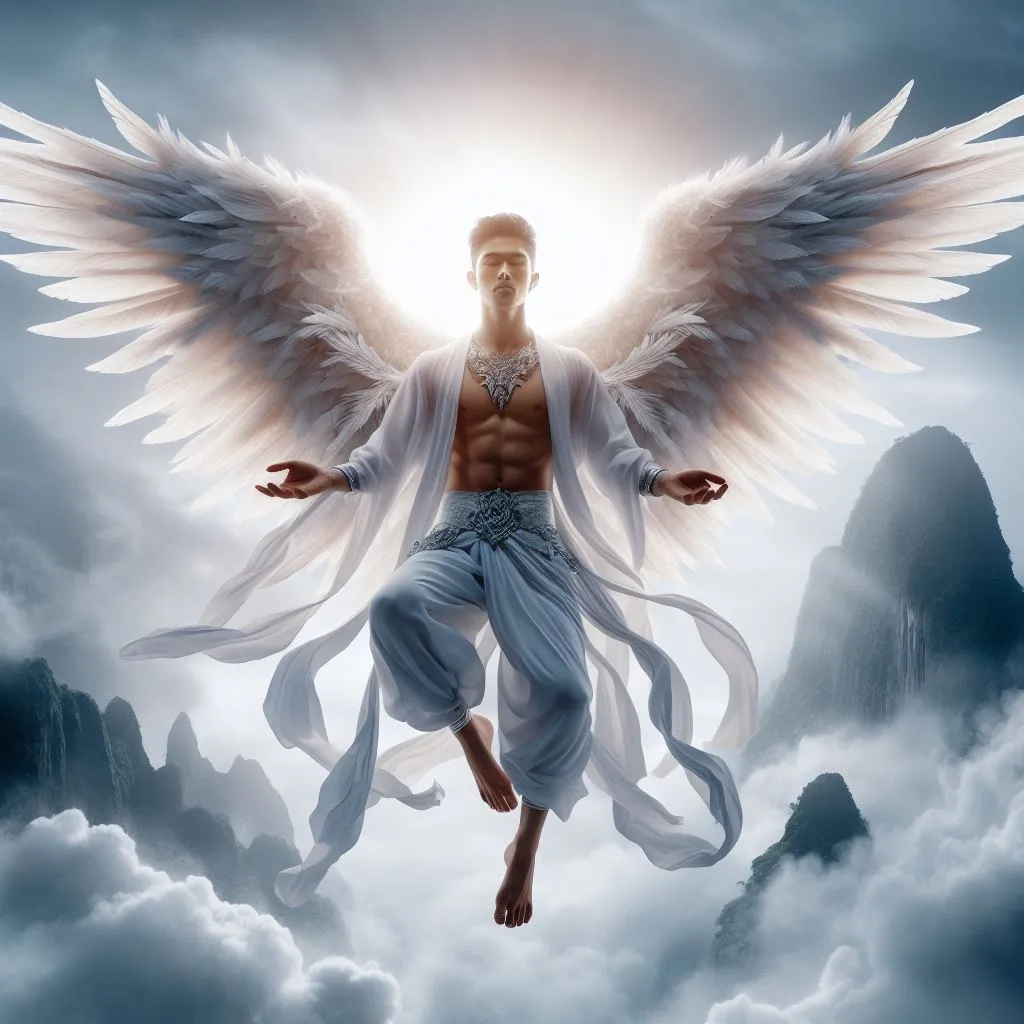 a man flying through the air surrounded by clouds