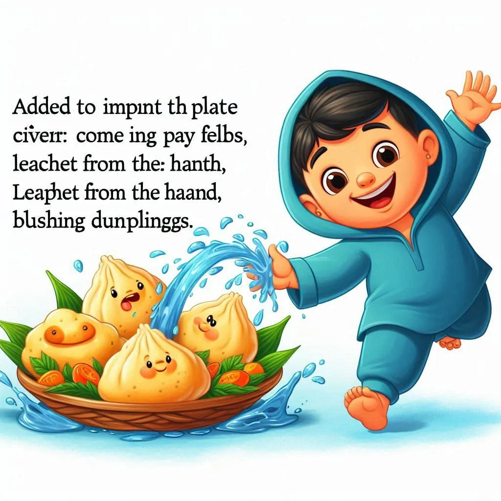 a little boy in a blue raincoat is playing with some dumplings