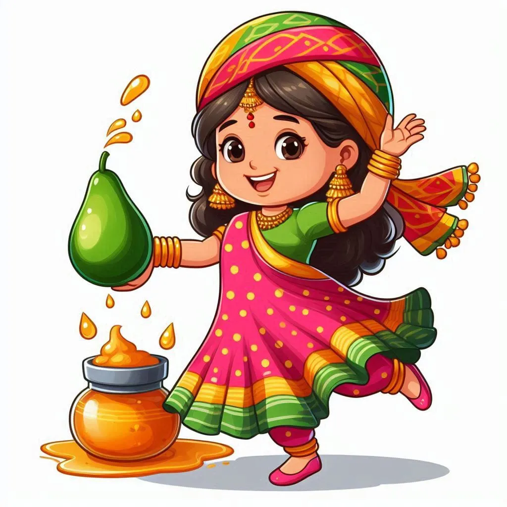 a little girl in a colorful dress holding a pot and jug