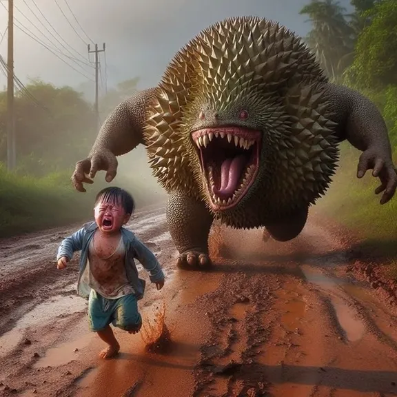 little boy is running away from a giant durian-monster