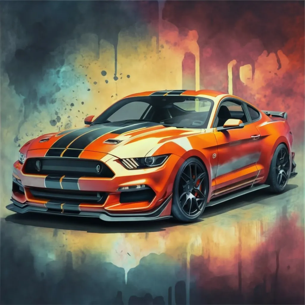 a painting of an orange and black mustang