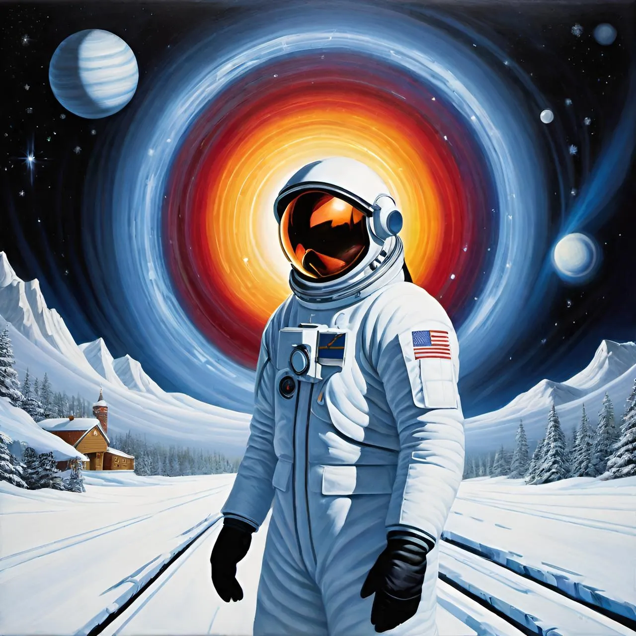 a painting of an astronaut standing in the snow