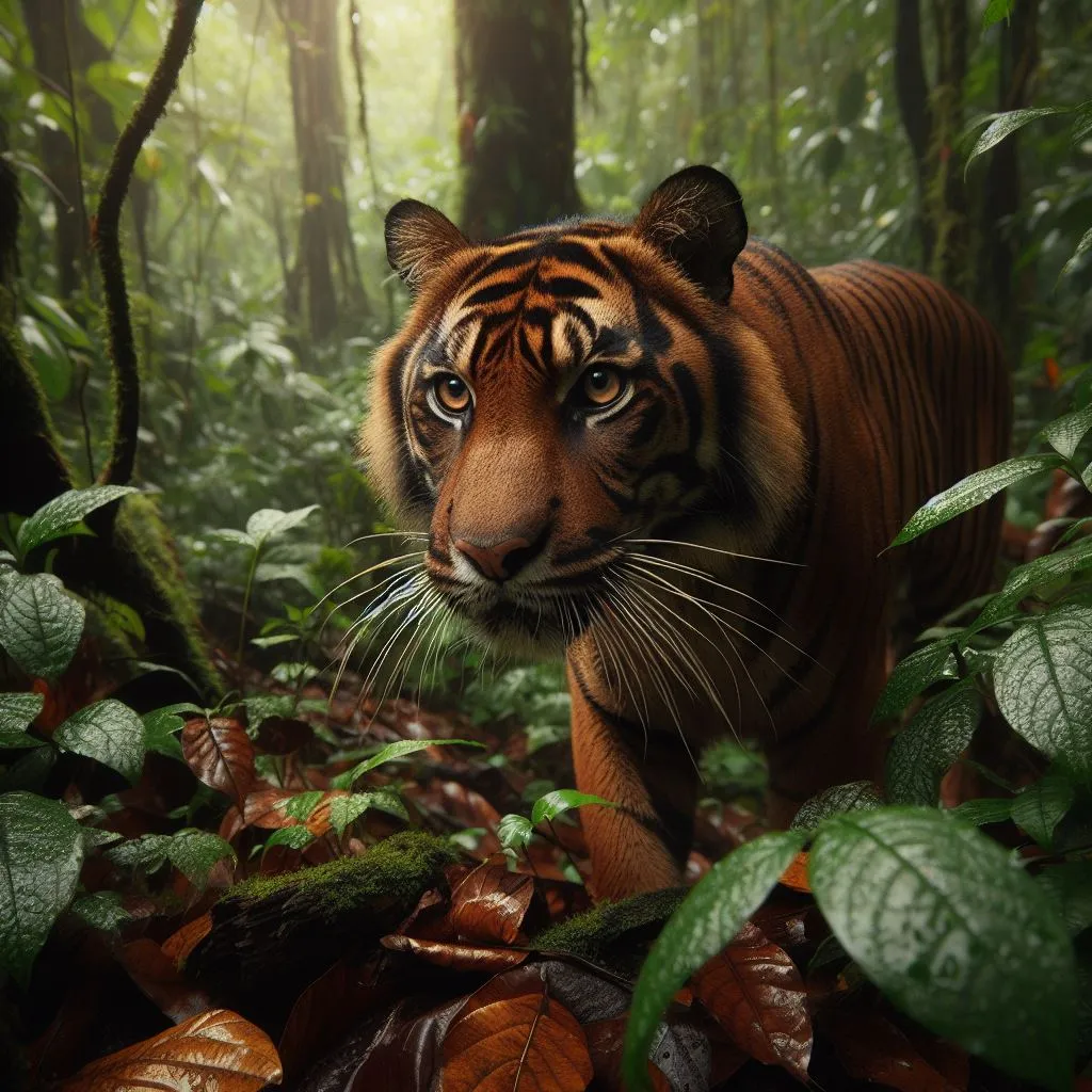 a tiger walking through a lush green forest