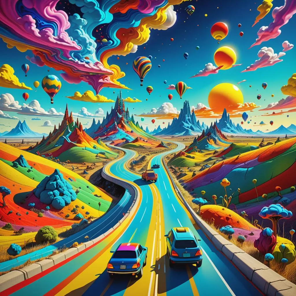 a painting of cars driving down a road