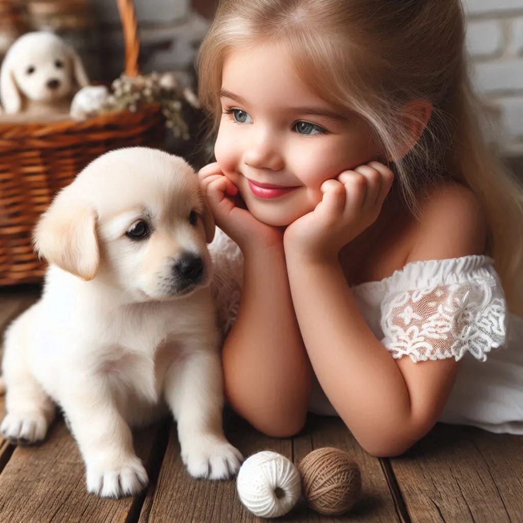 a little girl sitting next to a puppy on a wooden floor