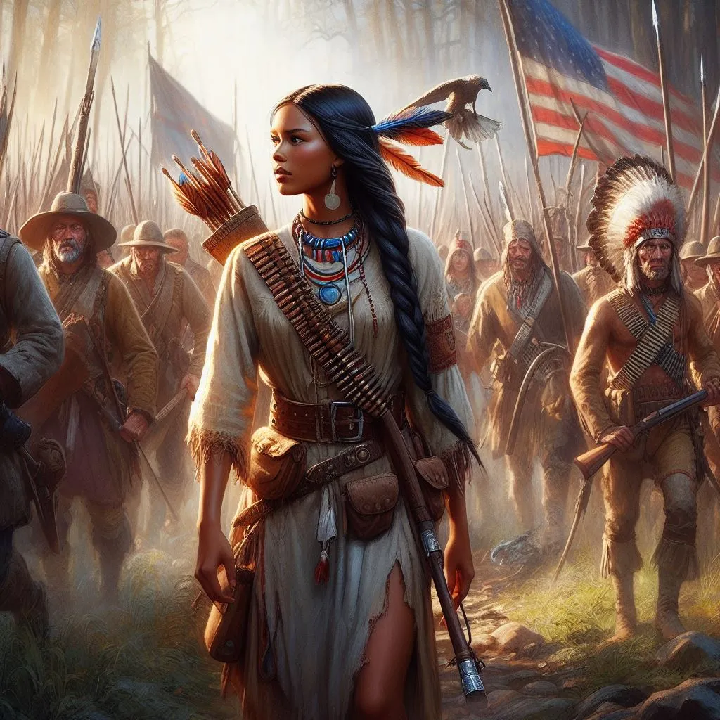 a painting of a native american woman holding a rifle