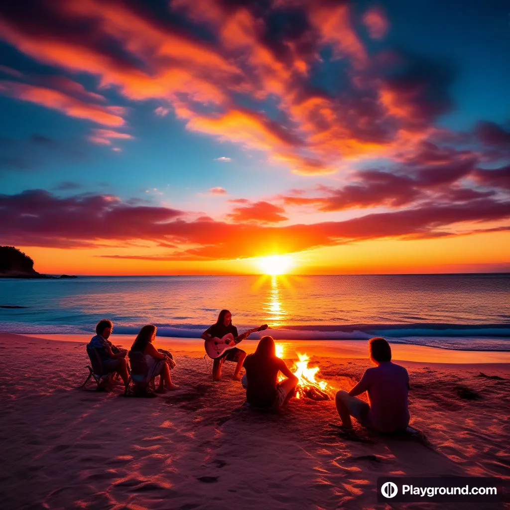 a group of people sitting around a fire on a beach