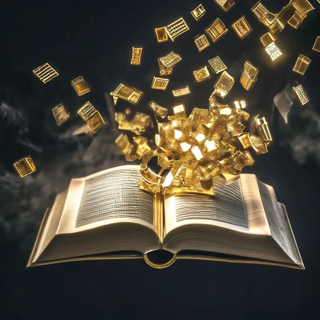 an open book with gold cubes floating out of it