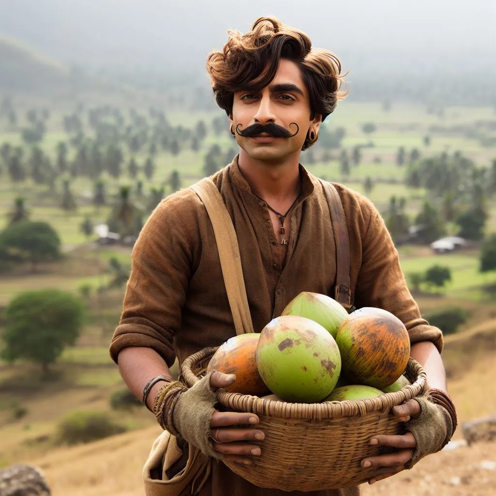 a man with a moustache holding a basket of fruit