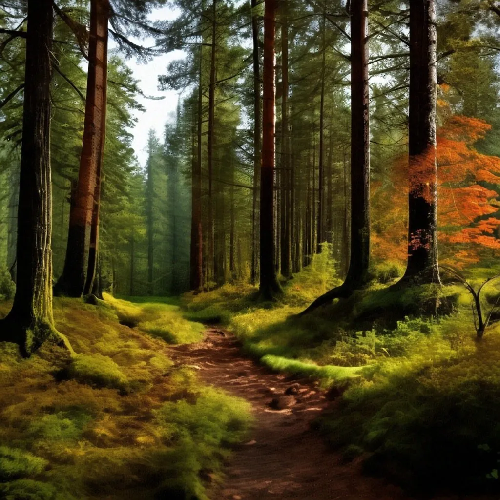 a path through a forest with lots of trees