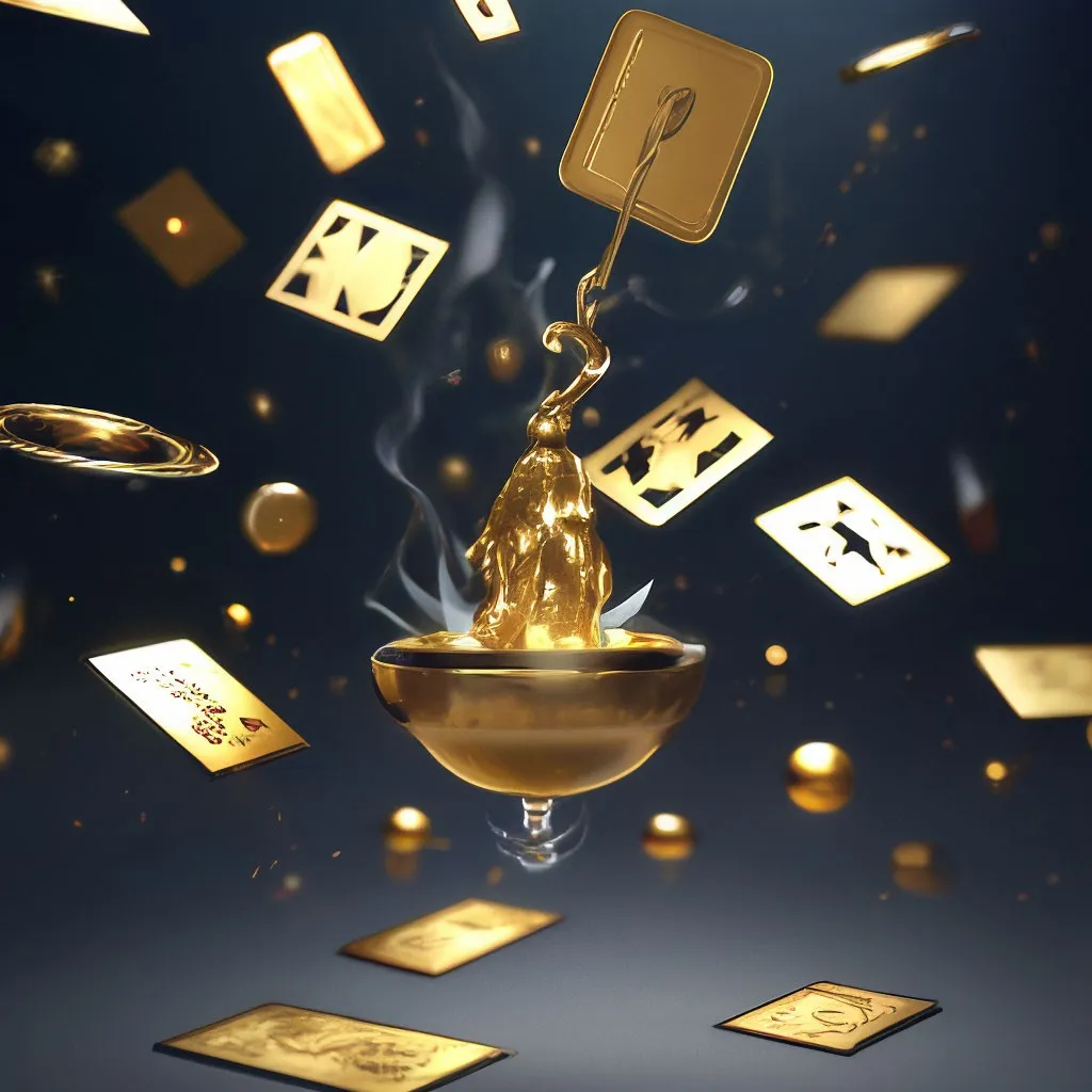 a golden object floating in the air surrounded by gold cards