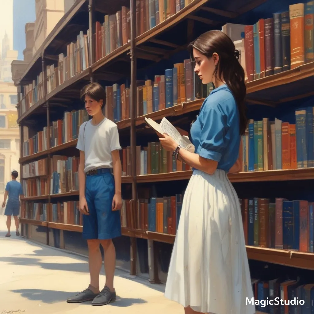 a painting of a boy and girl standing in front of a bookshelf