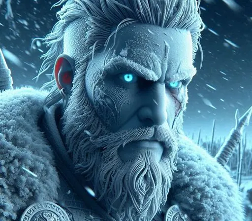 a man with a beard and blue eyes standing in the snow