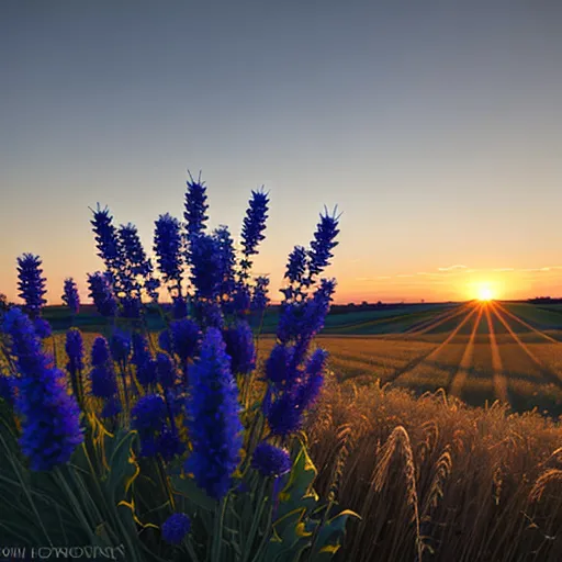 the sun is setting over a wheat field