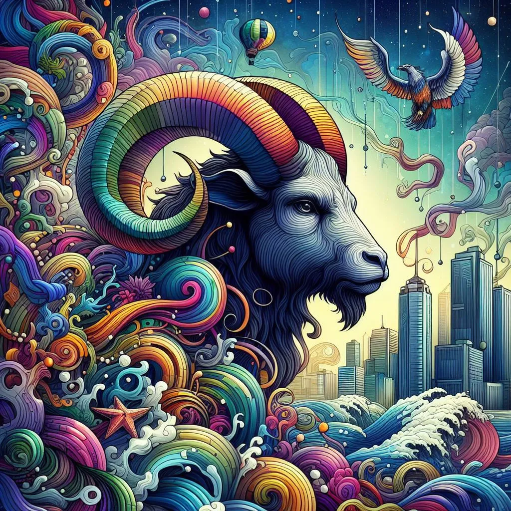 a painting of a ram with a city in the background
