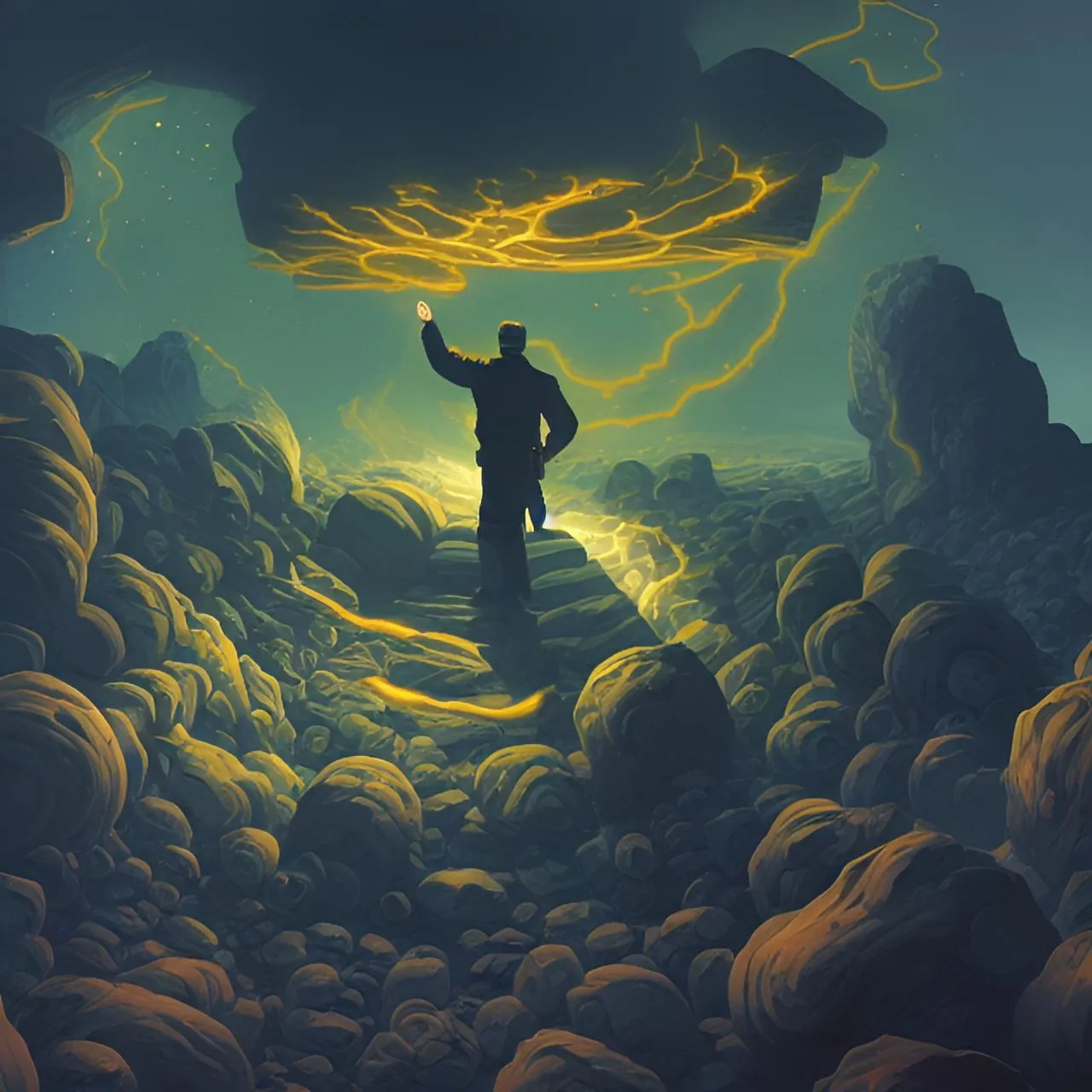 a painting of a man standing in a cave