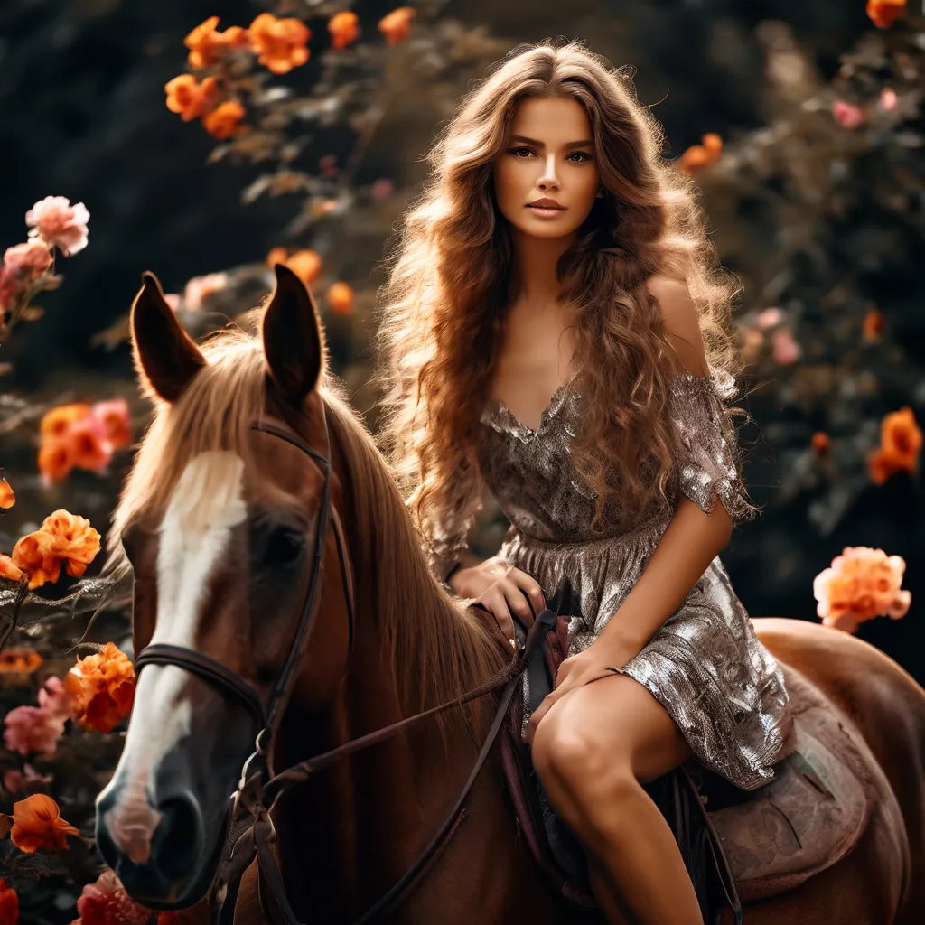 a beautiful woman riding on the back of a brown horse