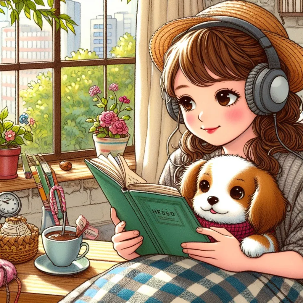 a girl reading a book while holding a dog