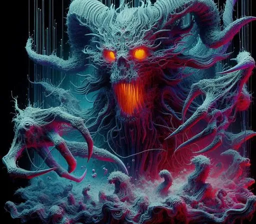 a painting of a demon with glowing eyes