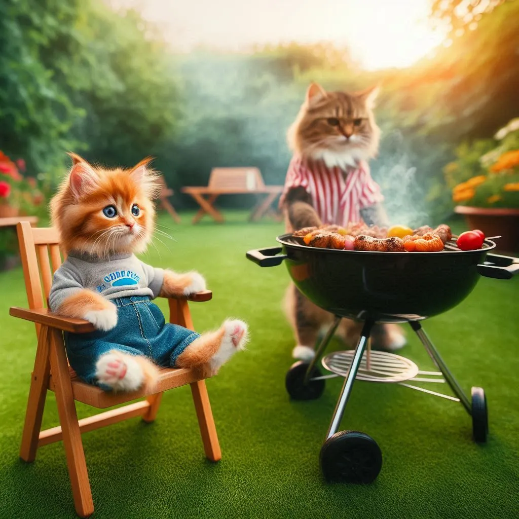 a cat sitting in a chair next to a bbq  The background and objects are motionless, the movement of the head. paws, there is only one cat and one kitten in the picture