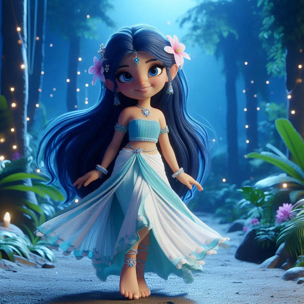  a beautiful fairy with blue hair wearing blue lehehenga smiling ,flower  on the head in the jungle at night   standng barefoot 3D animation cartoon zoom out 