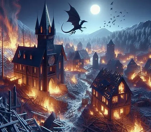 a painting of a dragon flying over a town on fire