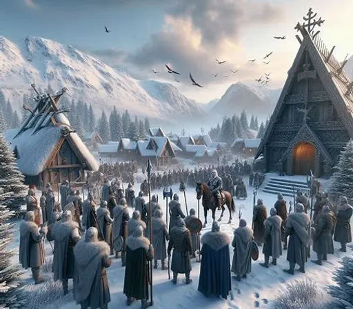 a group of people standing in front of a snowy village